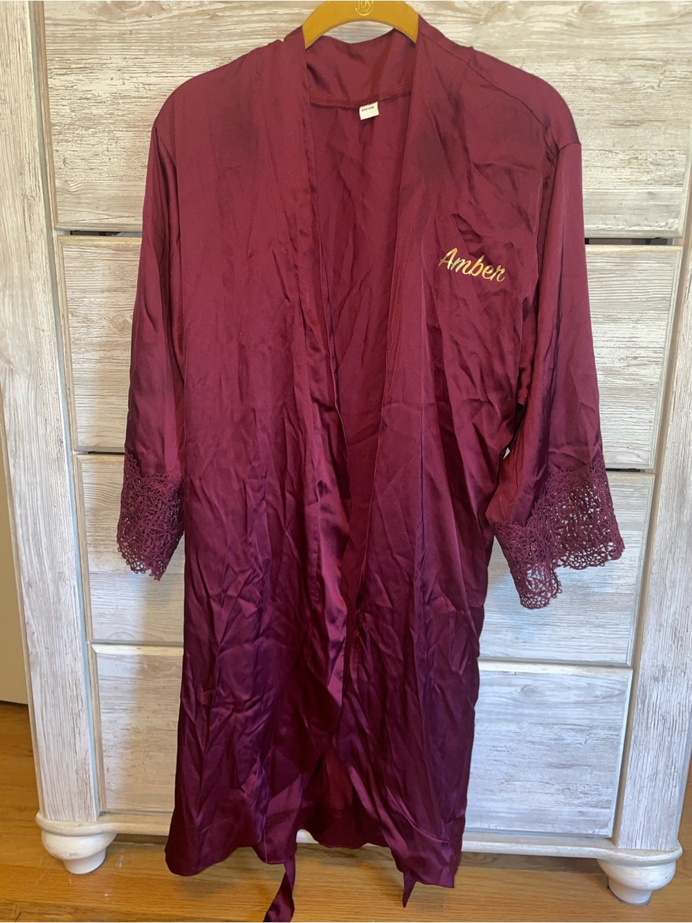Burgundy Satin Robe with Lace Detail - custom Amber